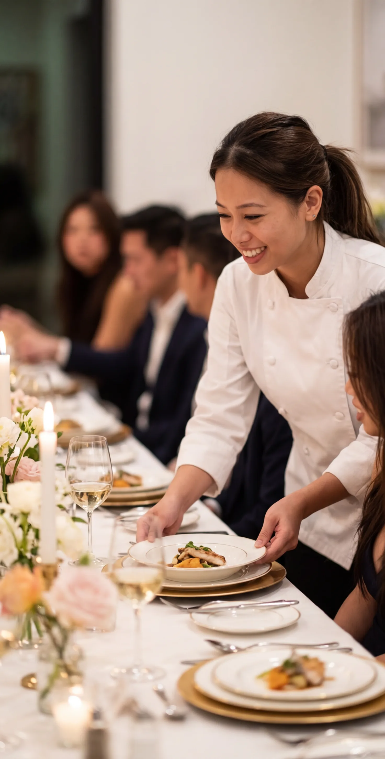 Chef Elie servant un groupe lors d'une soirée privée à domicile