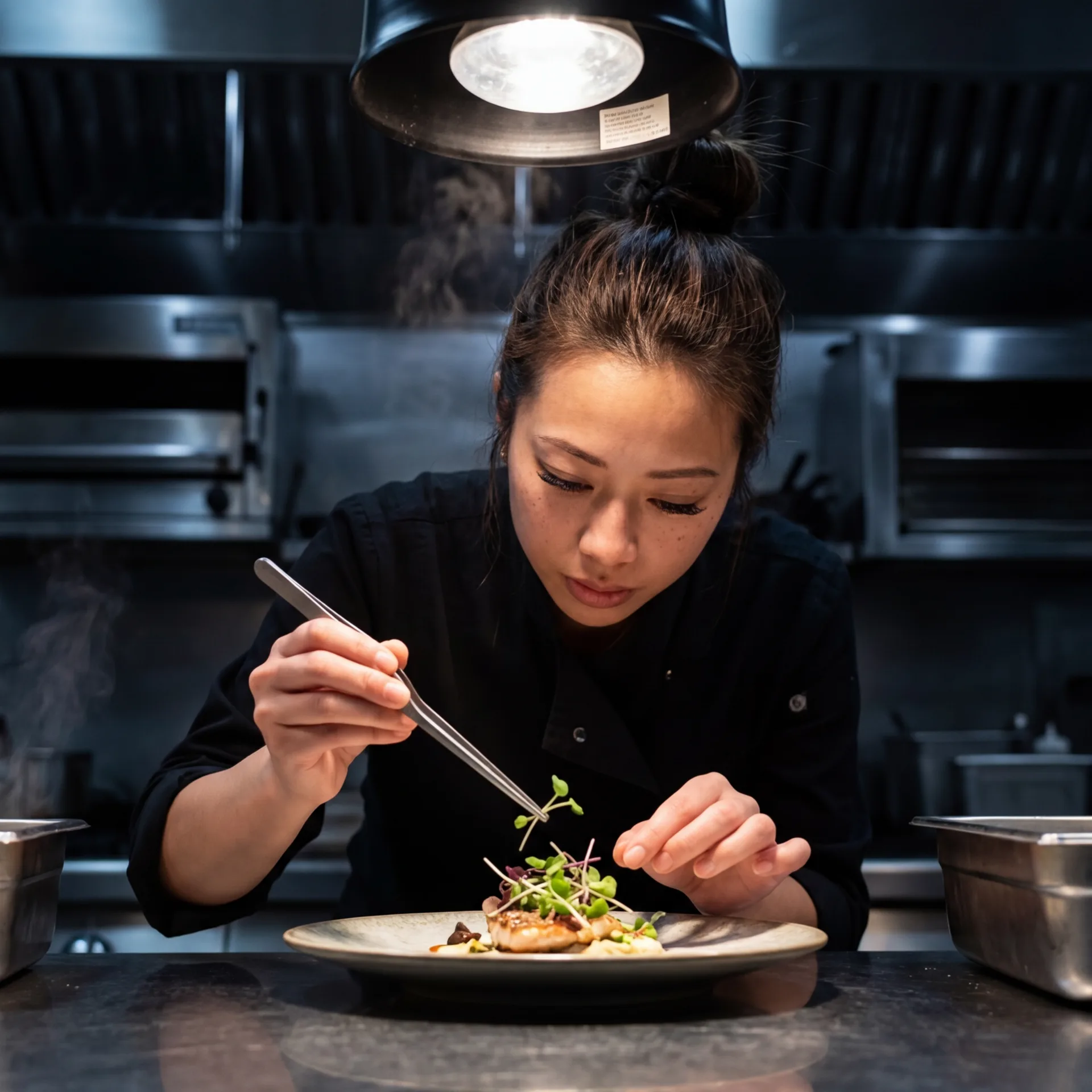 Gros plan d'un plat de fusion asiatique — texture et garnitures raffinées